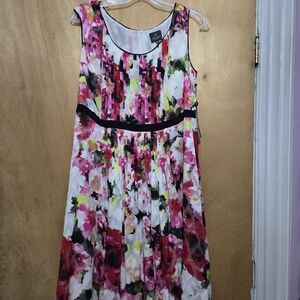 Floral Sleeveless Pleated Dress with Black Waistband From Adrianna Papell